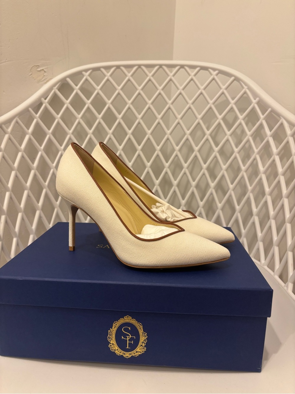 Sarah Flint Cream Pointed-Toe Pumps with Brown Trim